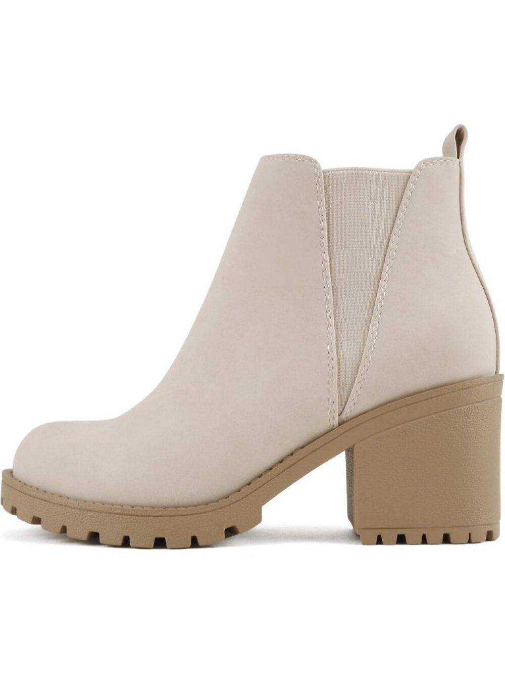 Women's Nude Nubuck Origami Lug Sole Mid Heel Ankle Bootie Double Elastic Boot